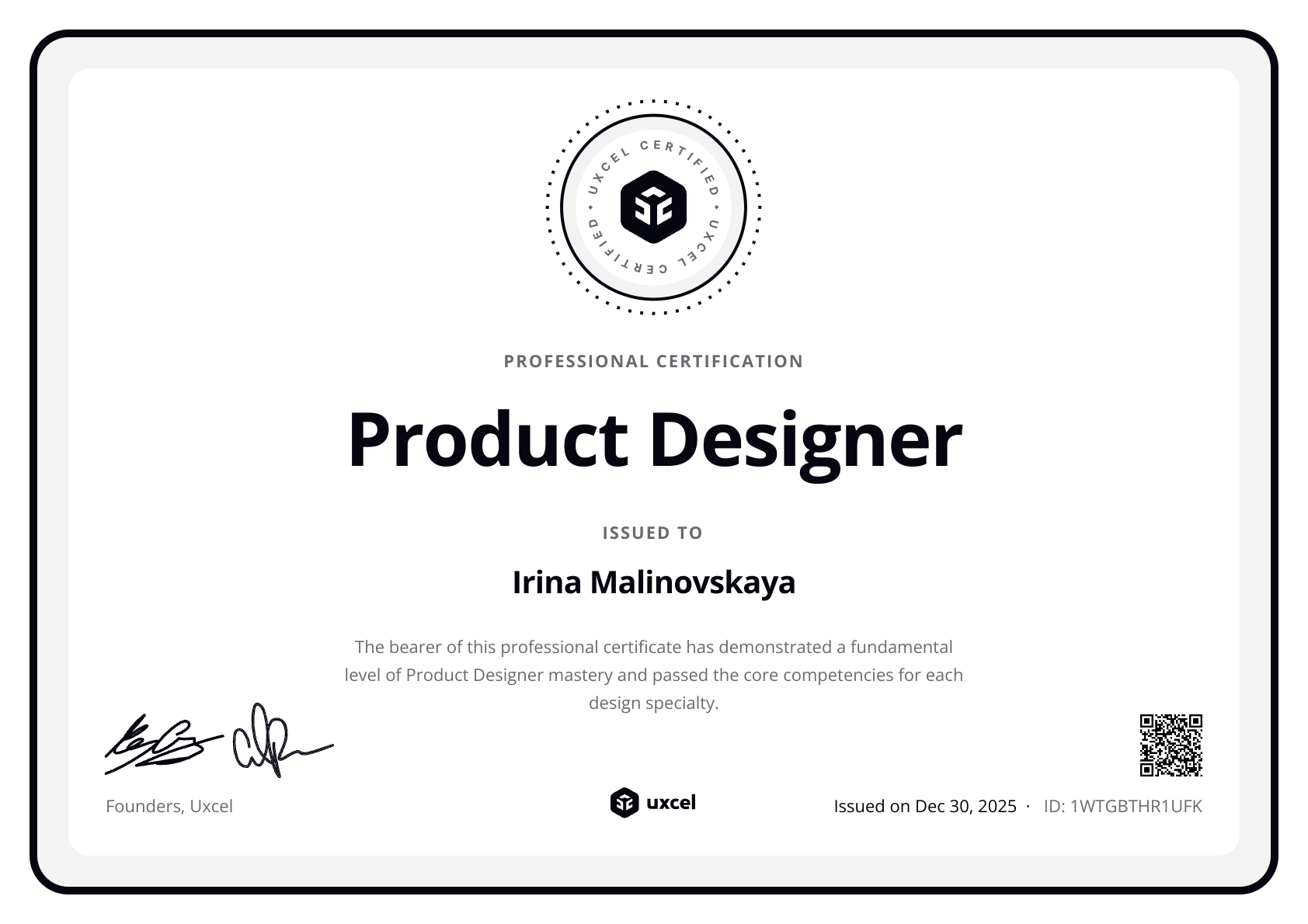 Irina Malinovskaya's certificate